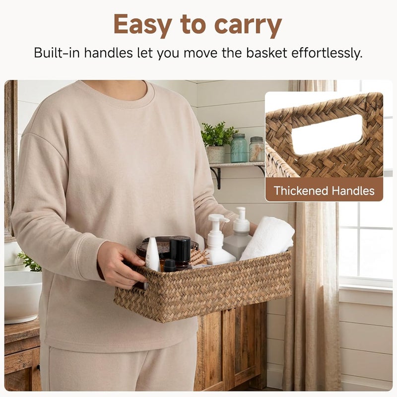 StorageWorks Wicker Toilet Paper Basket for Back of Toilet Baskets, Seagrass Bathroom Basket Organizer and Storage for Tank Topper, Small Tank Trays for Decor with Built-in Handles, Brown - Image 5